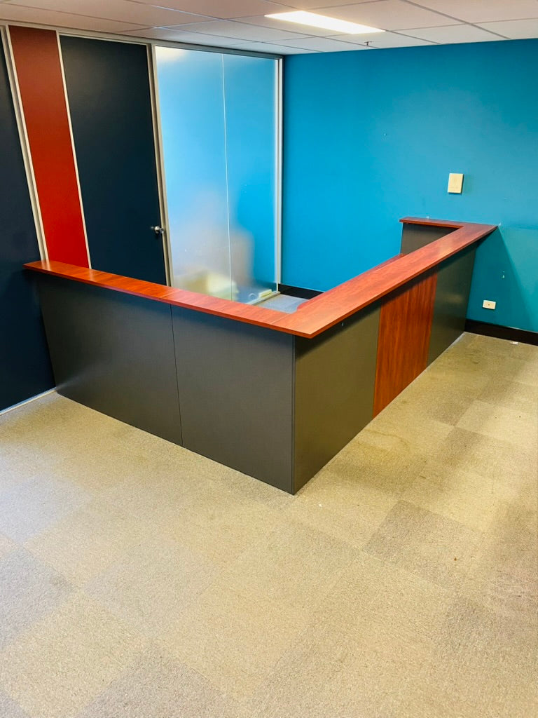 L-Shape Reception Desk-Jarrah with Ironstone-3400mm x 2455mm