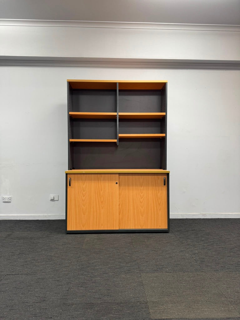Sliding Door Credenza with Hutch-Beech with Dark Grey-1500mm wide