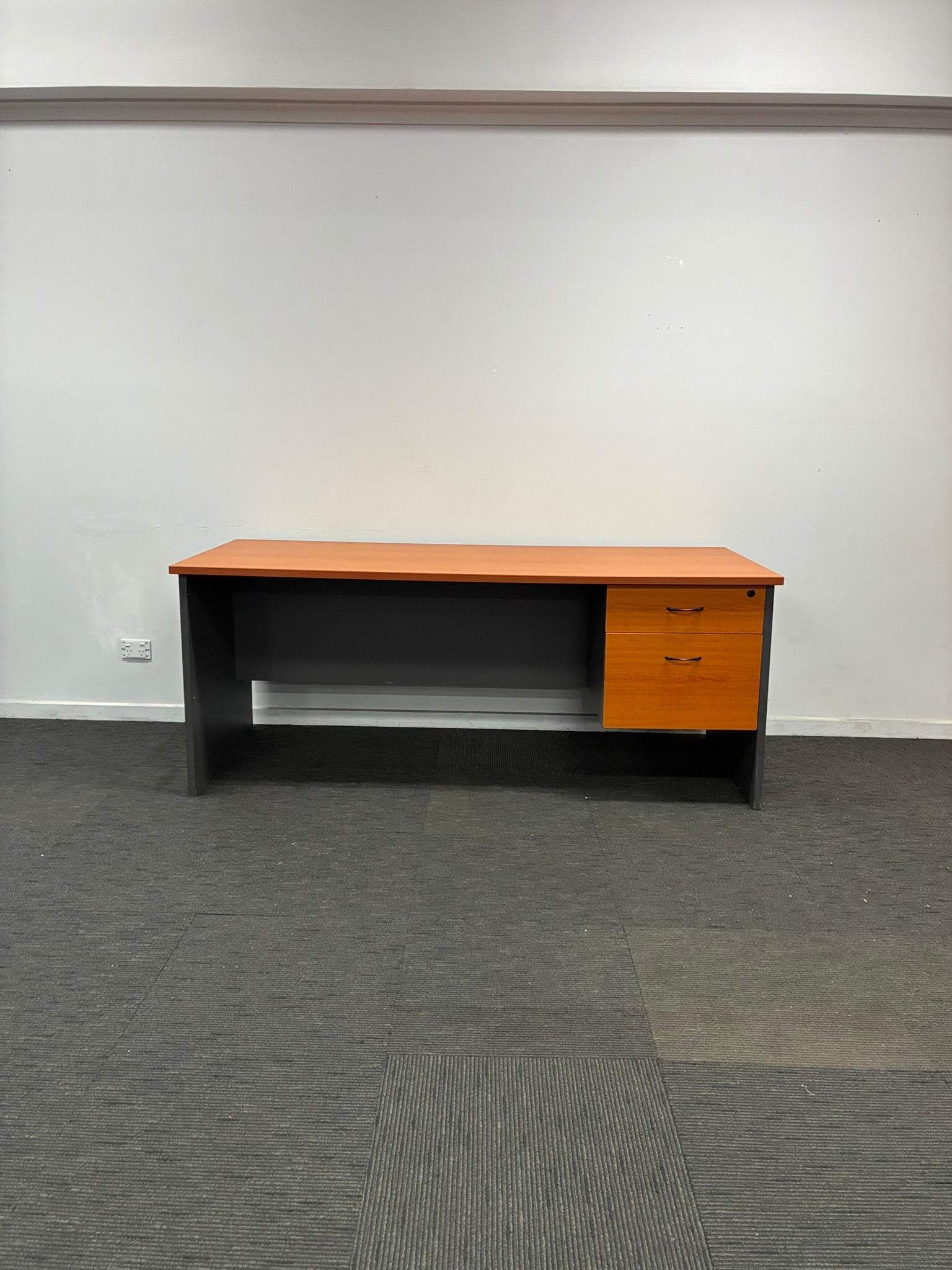 Straight Desk with Fixed Drawer Unit-Cherry with Ironstone-1800mm x 750mm